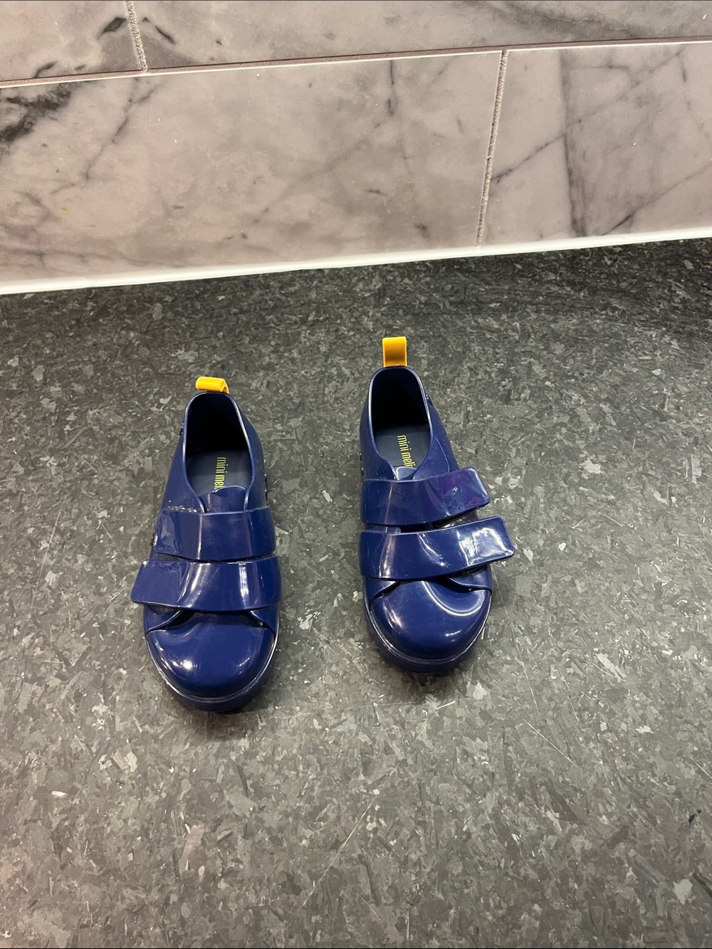Kids MINI MELISSA Navy Blue Slip-On Shoes with Yellow Pull Tab
